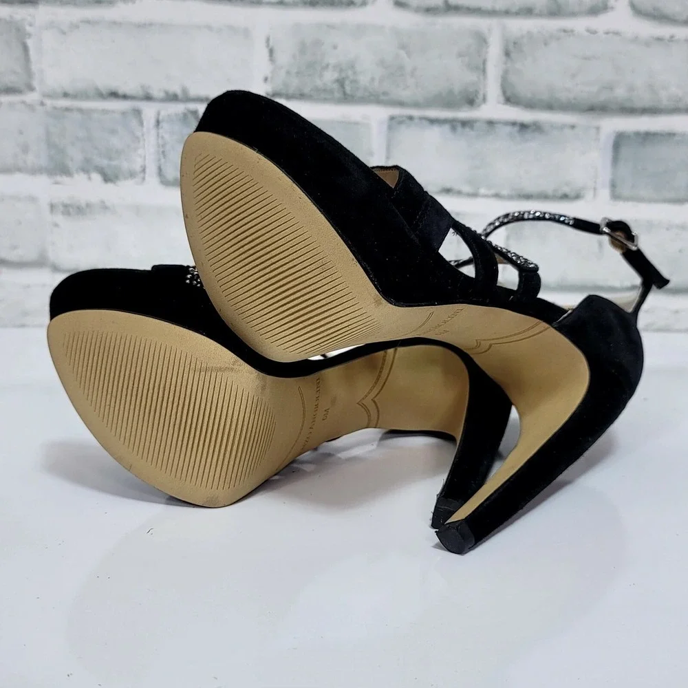 Enzo Angiolini Eataelon Black‎ Suede Rhinestone Heels Leather Upper 6M Glam Luxe